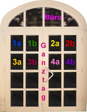 Foto Eingang der Schule mit Hotspots